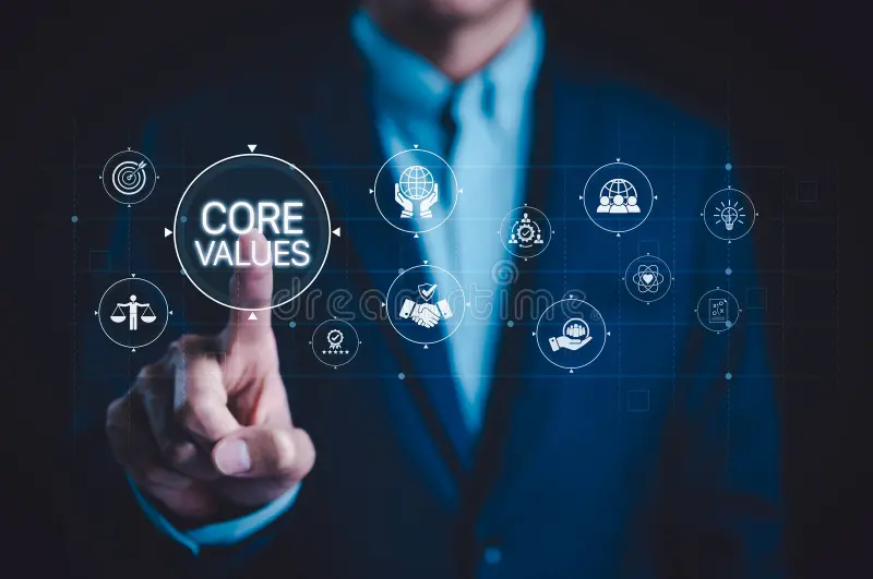 Business core values organizational principles concept businessman pointing virtual such as integrity teamwork accountability 370410853
